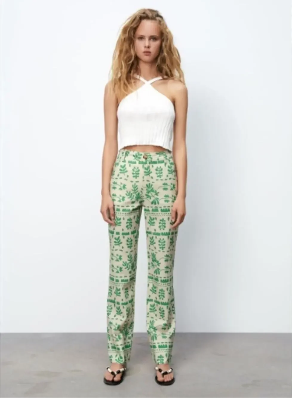 Zara Boho Linen Blend Floral Pants Womens S Printed Straight Leg Paisley Hippie